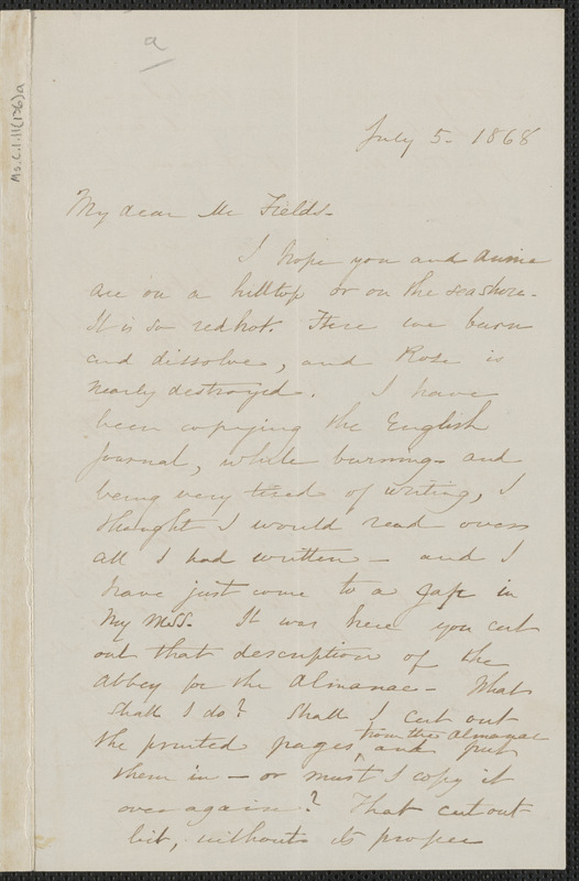 Sophia Hawthorne autograph letter signed to James Thomas Fields, [Concord], 5 July 1868