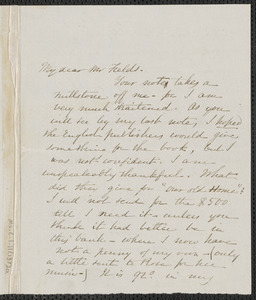 Sophia Hawthorne autograph note signed to James Thomas Fields, [Concord], 15 July 1868