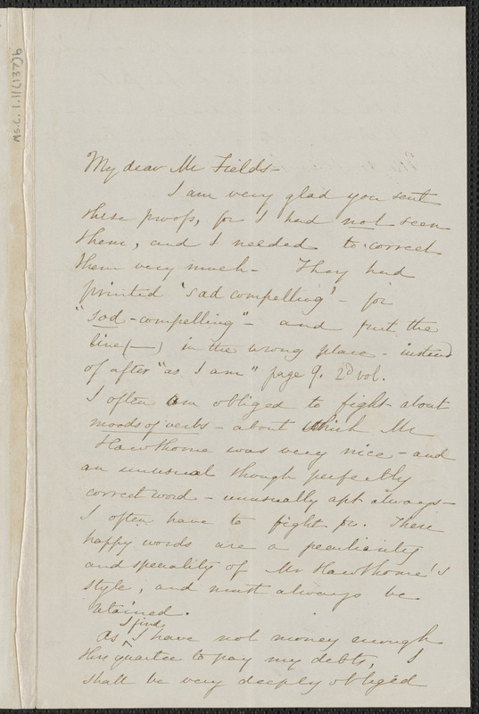 Sophia Hawthorne autograph letter signed to James Thomas Fields, [Concord], 16 July 1868