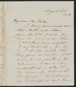 Sophia Hawthorne autograph letter signed James Thomas Fields, [Concord], 2 August 1868