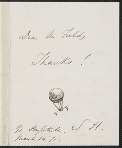 Sophia Hawthorne autograph note signed to James Thomas Fields, [91 Boylston St. Boston?], 14 March [18]71
