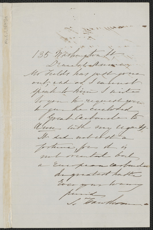 Sophia Hawthorne autograph letter signed to Annie Adams Fields, 135 Washington St. [Boston]