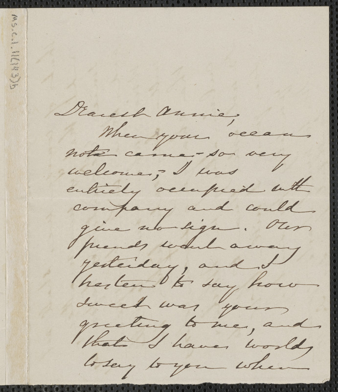 Sophia Hawthorne autograph letter signed to Annie Adams Fields, [Concord]