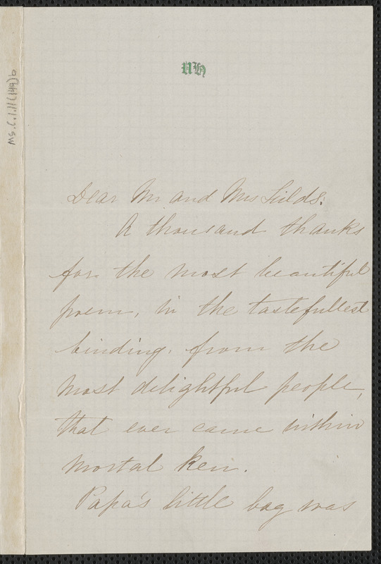Una Hawthorne autograph letter signed to James Thomas Fields & Annie Adams Fields, [Concord], 5 March 1863