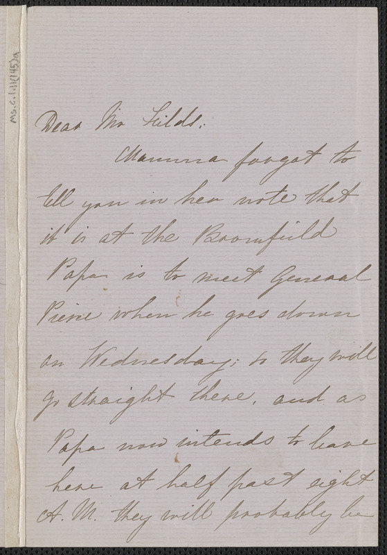 Una Hawthorne autograph letter signed to James Thomas Fields, [Concord], 8 May [1864]