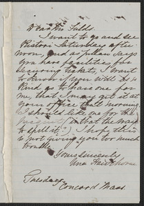 Una Hawthorne autograph note signed to James Thomas Fields, Concord, approximately November 1866