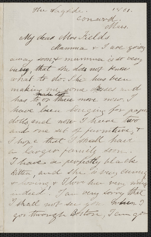 Rose Hawthorne Lathrop autograph letter signed to Annie Adams Fields with appended note from Sophia Hawthorne to Annie Adams Fields, The Wayside, Concord, [September] 1861