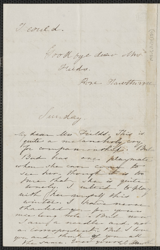 Rose Hawthorne Lathrop autograph letter signed to Annie Adams Fields with appended note from Sophia Hawthorne to Annie Adams Fields, The Wayside, Concord, [September] 1861