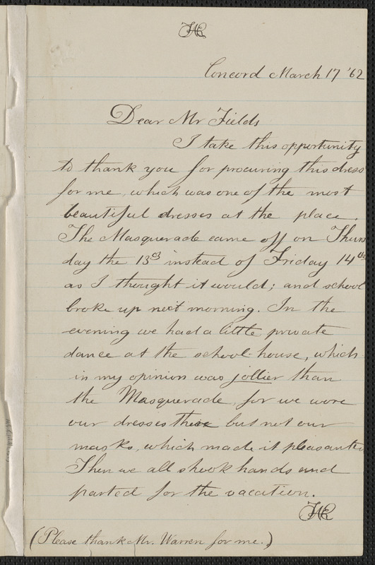 Rose Hawthorne Lathrop autograph letter signed to James Thomas Fields, Concord, 17 March [18]62