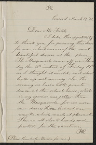 Rose Hawthorne Lathrop autograph letter signed to James Thomas Fields, Concord, 17 March [18]62