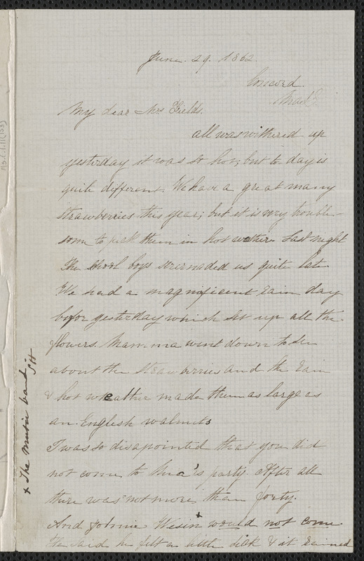 Rose Hawthorne Lathrop autograph letter signed to Annie Adams Fields with postcript from Sophia Hawthorne postscript to Annie Adams Fields, Concord, 29 June 1862
