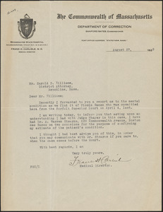 Letter from Frank H. Carlisle, Medical Director of Bridgewater State Hospital to Harold P. Williams, District Attorney (Southeastern District)