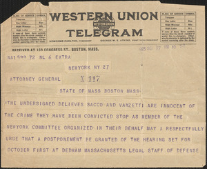 Telegram from Pasquale I. Simonelli, President of Italian Savings Bank of New York to Jay R. Benton, Massachusetts Attorney General