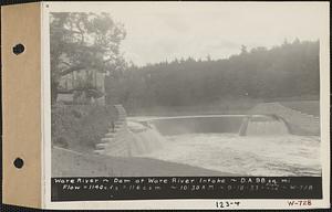 Ware River, dam at Ware River Intake, drainage area = 98 square miles, flow = 1140 cubic feet per second = 11.6 cubic feet per second per square mile, Barre, Mass., 10:30 AM, Sep. 18, 1933