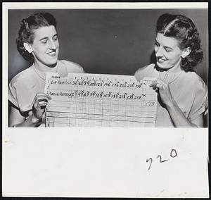 Twins Make Bowling Record of 513 in doubles competition for women keglers. Marge (left) and Libby Merrick, both 26, who have been bowling for seven years, hold their score sheet. Marge, right-handed, scored 258, and left-handed Libby got 255.