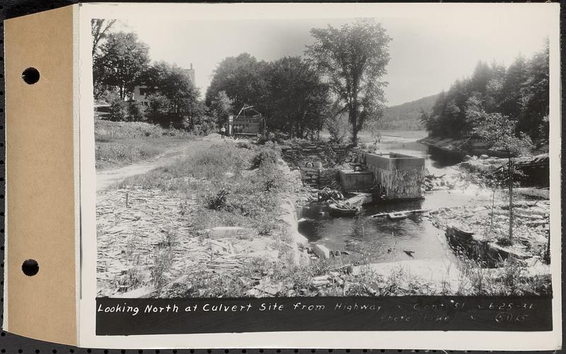 Contract No. 51, East Branch Baffle, Site of Quabbin Reservoir, Greenwich, Hardwick, looking north at culvert site from highway, Hardwick, Mass., Jun. 25, 1936