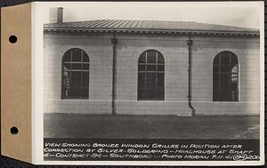 Contract No. 84, Superstructure (Head House) , Shaft 4 of Southborough Tunnel, Pressure Aqueduct, Section 2, Southborough, view showing bronze window grilles in position after correction by silver soldering, headhouse at Shaft 4, Southborough, Mass., Jul. 11, 1941