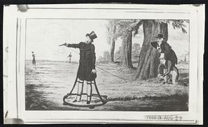 A Century-Old English cartoon ridiculing duelling, labeled: "Dueling apparatus, for gentleman with weak nerves. After a dose of brandy, the principal is placed in the frame. The second from behind a tree pulls the string discharging the pistol." (From the Bettman collection.)