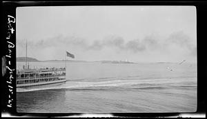 The "Dorothy Bradford" steaming through Boston Harbor, Boston Light
