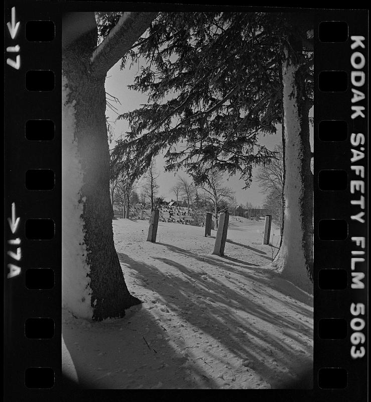 Headstones covered in snow