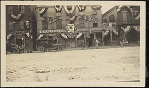 Railroad Square buildings decorated with patriotic bunting