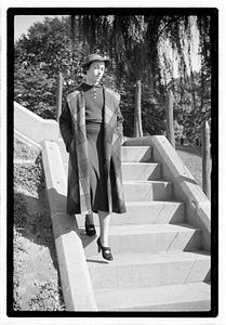 Models posing on a staircase, Boston Public Garden