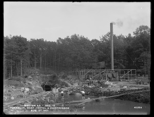 Weston Aqueduct, Section 13, west portal of Tunnel No. 4, and air compressor, Weston, Mass., Aug. 27, 1901