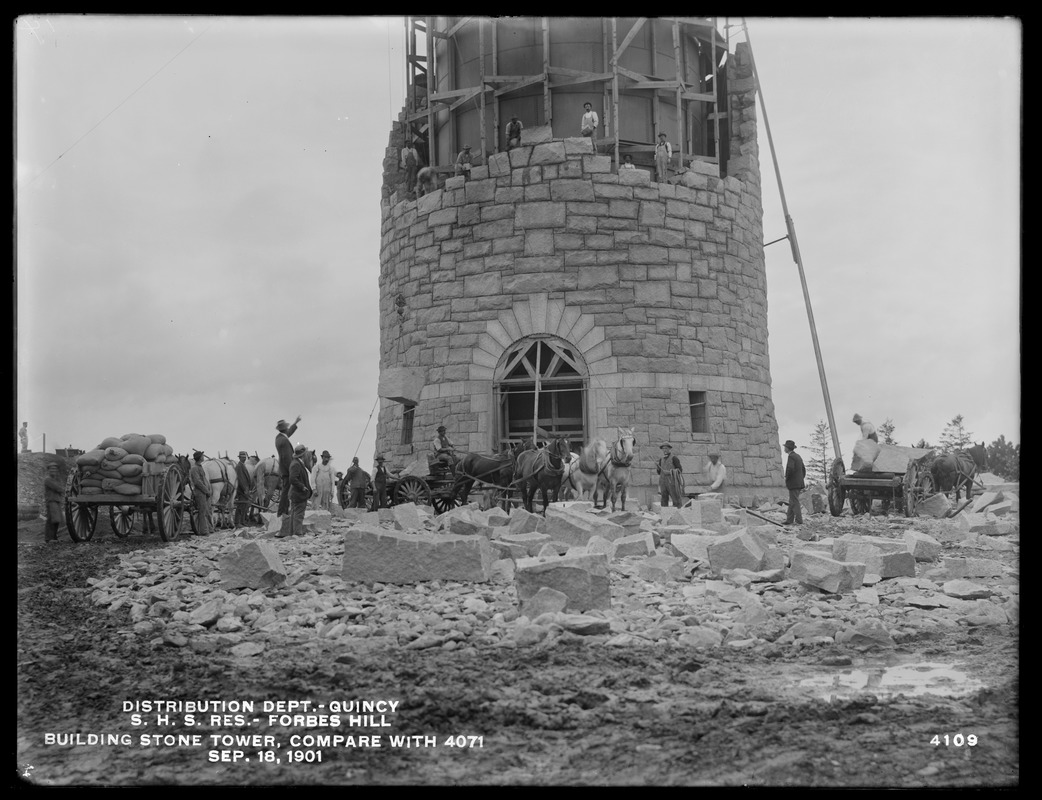 Distribution Department, Southern High Service Forbes Hill Reservoir, building the stone tower (compare with No. 4071), Quincy, Mass., Sep. 18, 1901