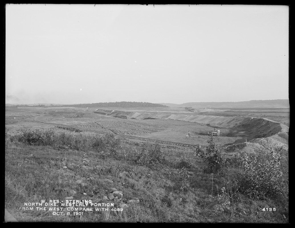 Wachusett Reservoir, North Dike, westerly portion, from the west (compare with No. 4089), Sterling, Mass., Oct. 8, 1901