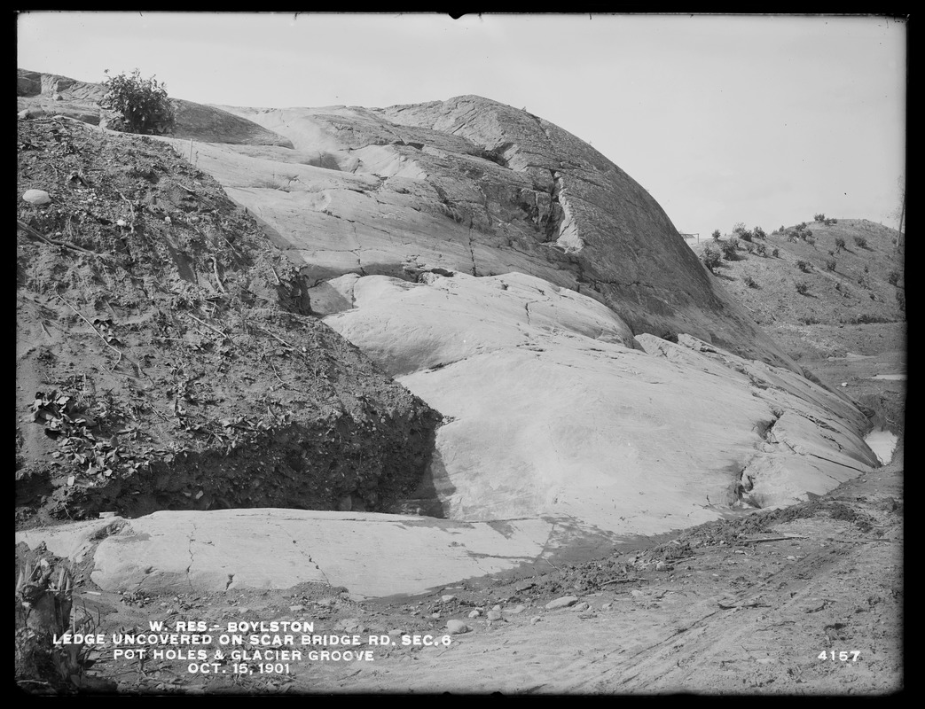 Wachusett Reservoir, ledge uncovered on Scar Bridge Road, Section 6, pot holes and glacier groove, Boylston, Mass., Oct. 15, 1901