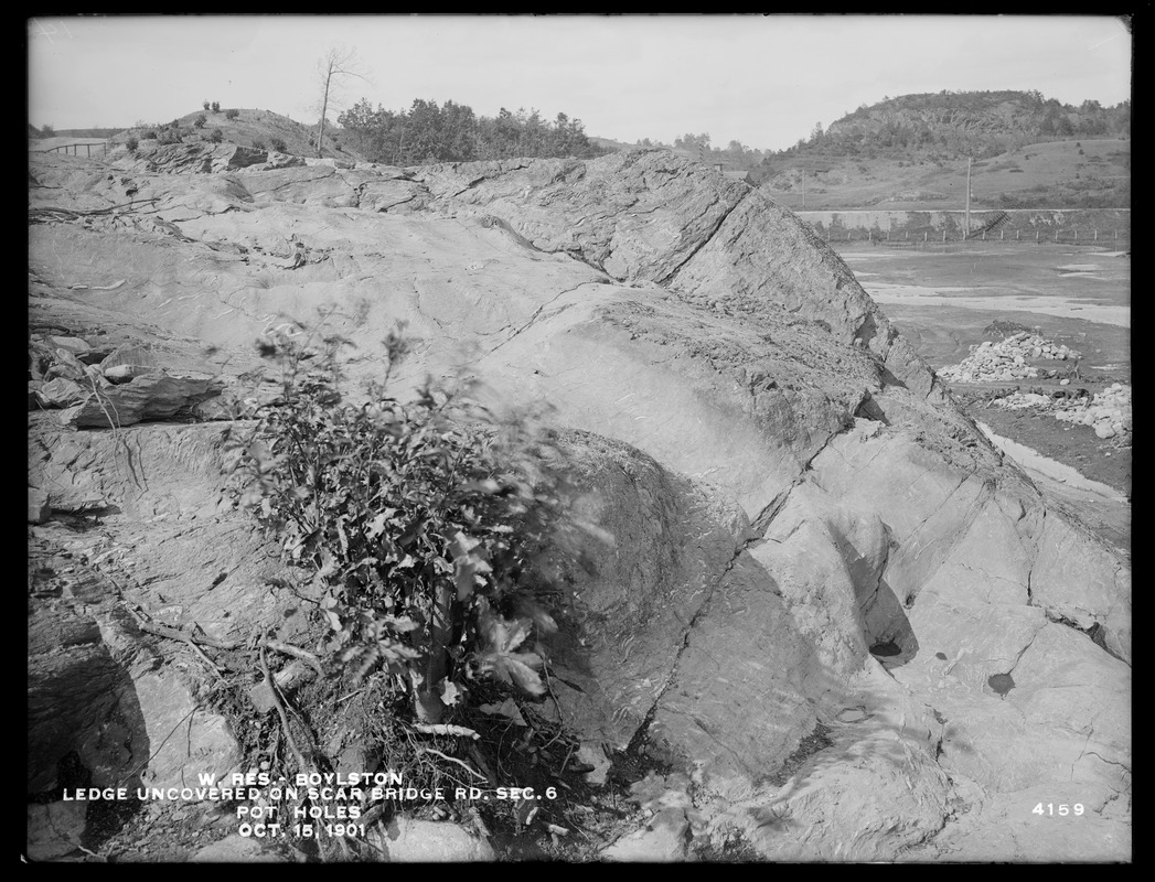 Wachusett Reservoir, ledge uncovered on Scar Bridge Road, Section 6, pot holes, Boylston, Mass., Oct. 15, 1901