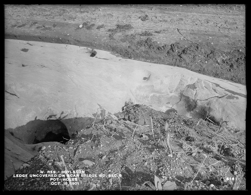 Wachusett Reservoir, ledge uncovered on Scar Bridge Road, Section 6, pot holes, Boylston, Mass., Oct. 15, 1901