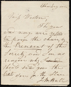 Letter from Lucy M. Ball to Anne Warren Weston, Thursday eve., [9 April 1840?]