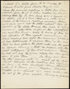 Extract of a letter from Anne Warren Weston, Boston, to Deborah Weston, May 20, 1839