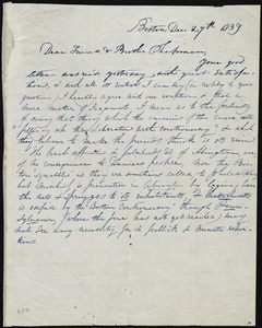 Rough draft of letter from Caroline Weston, Boston, Mass, to Henry Grafton Chapman and Robert R. Chapman, Dec. 27th, 1839