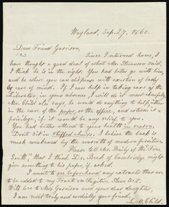 Letter from Lydia Maria Child, Wayland, to William Lloyd Garrison, Sep. 27, 1860