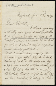 Letter from Lydia Maria Child, Wayland, to Charlotte L. Foster, June 23d, 1867