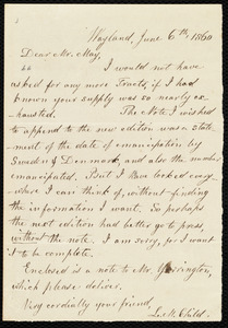 Letter from Lydia Maria Child, Wayland, to Samuel May, June 6th, 1860