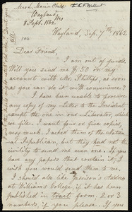 Letter from Lydia Maria Child, Wayland, to Robert Folger Wallcut, Sep. 7 'th, 1862