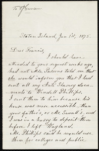 Letter from Lydia Maria Child, Staten Island, to Francis Jackson Garrison, Jan 1'st, 1875
