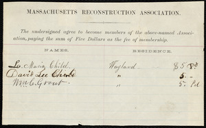 Receipt for membership to the Massachusetts Reconstruction Association for Lydia Maria Child, [1860?]