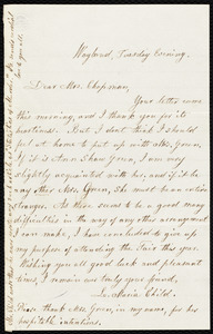 Letter from Lydia Maria Child, Wayland, to Maria Weston Chapman, Tuesday Evening