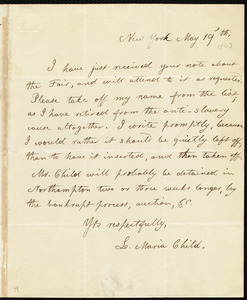 Letter from Lydia Maria Child, New York, to Maria Weston Chapman, May 19'th