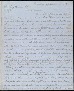 Letter from Francis Jackson, Boston, to Lydia Maria Child, September 9, 1860