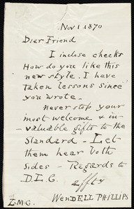 Letter from Wendell Phillips to Lydia Maria Child, Nov 1, 1870