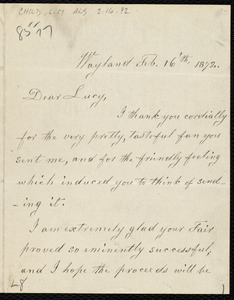 Letter from Lydia Maria Child, Wayland, to Lucy Stone, Feb. 16'th, 1872