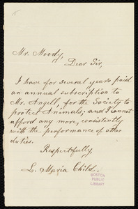 Letter from Lydia Maria Child, [Boston?], to Loring Moody, [ca. 1880?]