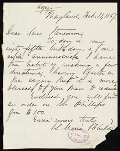 Letter from Lydia Maria Child, Wayland, to Miss Stevenson, Feb. 11, 1867