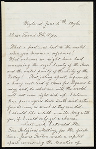 Letter from Lydia Maria Child, Wayland, to Wendell Phillips, June 4'th, 1876