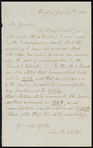 Letter from Lydia Maria Child, Wayland, to James Manning Winchell Yerrinton, June 25th, 1860